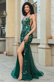 Stunning Mermaid Spaghetti stropper Dark Green Long Prom Kjole med Appliques