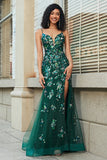 Stunning Mermaid Spaghetti stropper Dark Green Long Prom Kjole med Appliques