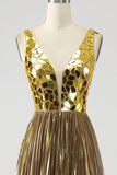 Sparkly A Line Deep V-Neck Golden Long Prom Dress med delt front