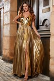 Sparkly A-Line V-Neck Silver Mirror Prom kjole med Slit