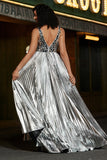 Sparkly A-Line V-Neck Silver Mirror Prom kjole med Slit