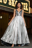 Sparkly A-Line V-Neck Silver Mirror Prom kjole med Slit