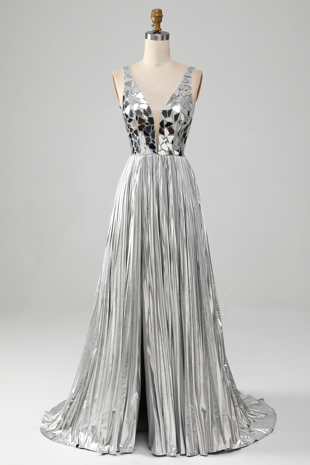 Sparkly A-Line V-Neck Silver Prom Dress med Slit