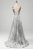 Sparkly A-Line V-Neck Silver Mirror Prom kjole med Slit