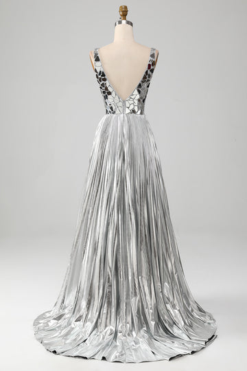 Sparkly A-Line V-Neck Silver Prom Dress med Slit