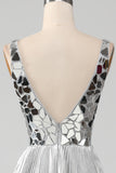 Sparkly A-Line V-Neck Silver Prom Dress med Slit