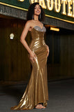 Sparkly Golden Mermaid stroppeløs Long Beaded Prom kjole med Slit