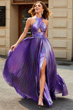 Stunning A Line Halter Neck Purple Long Prom Dress med Keyhole Split Front