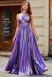Stunning A Line Halter Neck Purple Long Prom Dress med Keyhole Split Front
