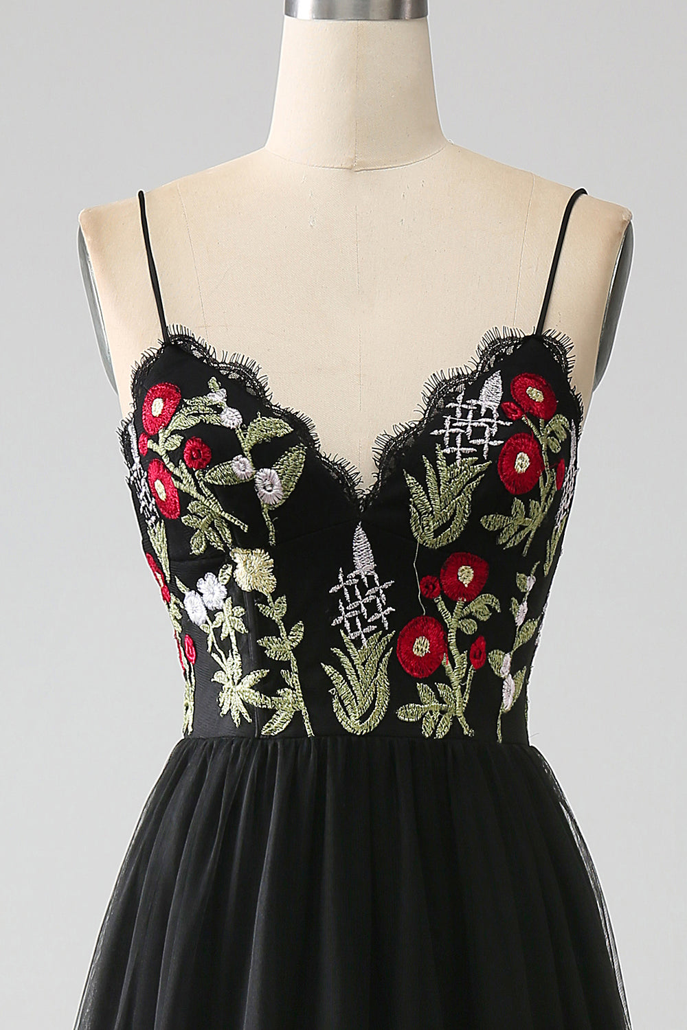 Svarte A-Line Spaghetti stropper brodert Long Corset Prom Dress