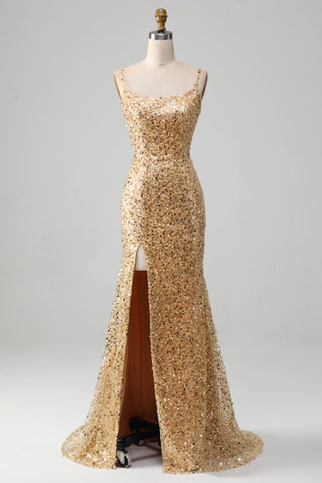 Golden Mermaid Spaghetti stropper Sequined Prom kjole med spalt