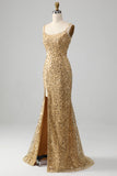 Golden Mermaid Spaghetti stropper Sequined Prom kjole med spalt