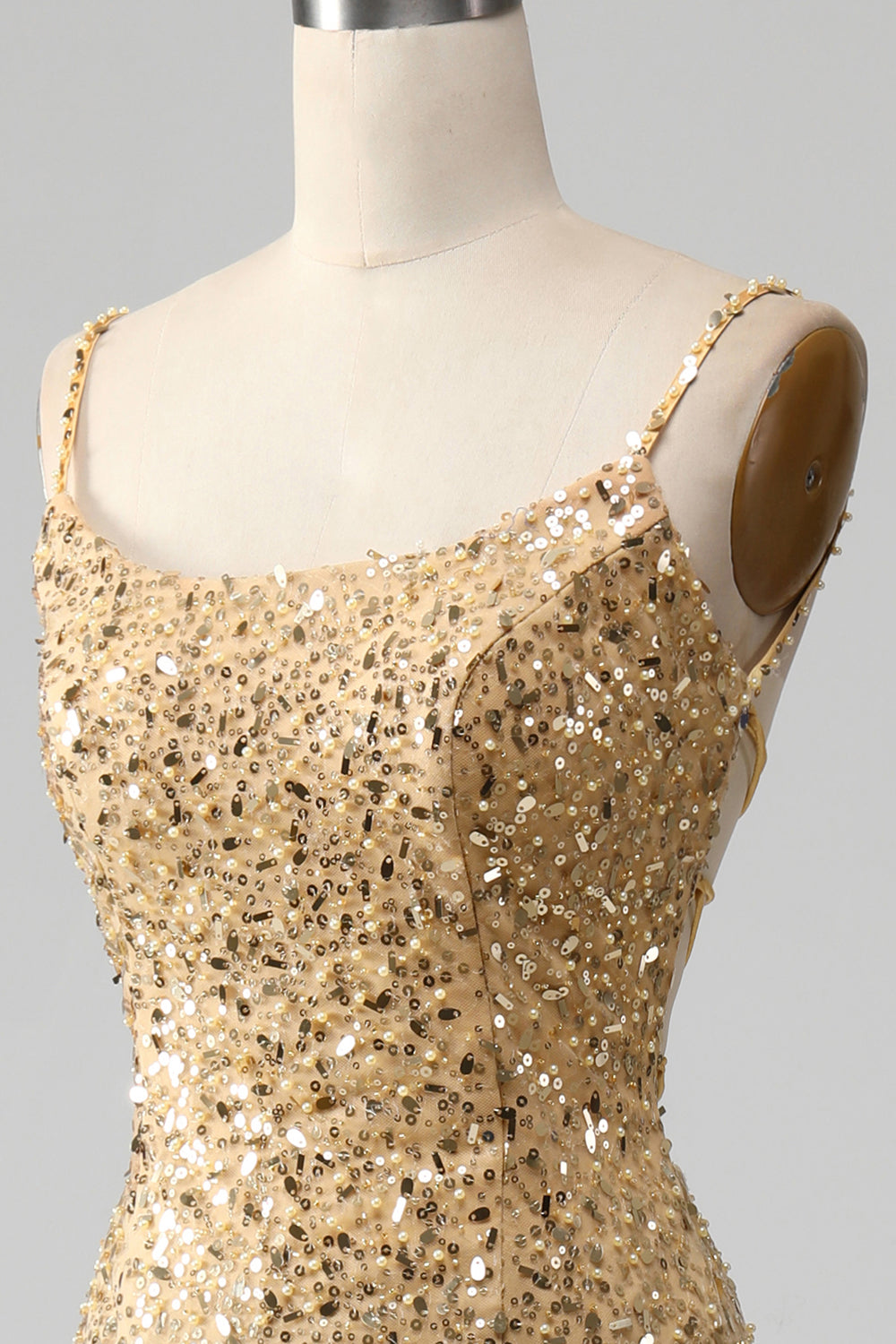Golden Mermaid Spaghetti stropper Sequined Prom kjole med spalt