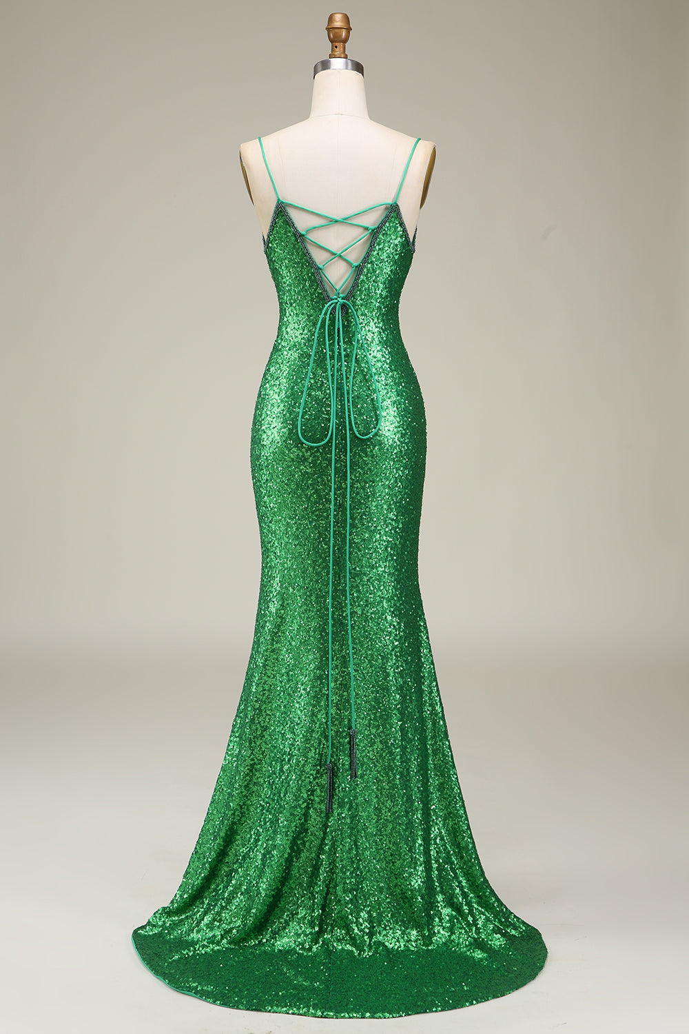 Sparkly Mermaid Spaghetti Stropper Grønne paljetter Lang ballkjole med delt front