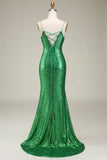 Sparkly Mermaid Spaghetti Stropper Grønne paljetter Lang ballkjole med delt front