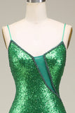 Sparkly Mermaid Spaghetti Stropper Grønne paljetter Lang ballkjole med delt front