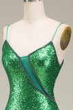 Sparkly Mermaid Spaghetti Stropper Grønne paljetter Lang ballkjole med delt front