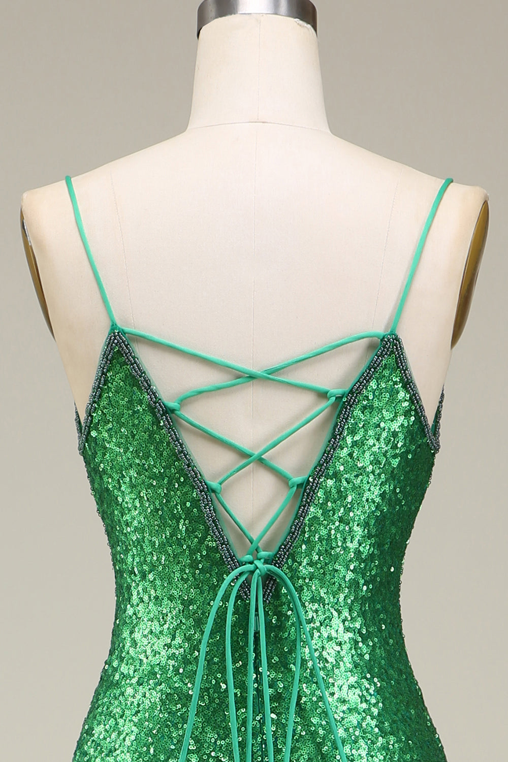 Sparkly Mermaid Spaghetti Stropper Grønne paljetter Lang ballkjole med delt front
