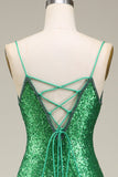 Sparkly Mermaid Spaghetti Stropper Grønne paljetter Lang ballkjole med delt front