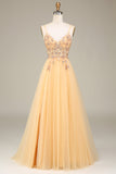 Sjarmerende A Line Spaghetti stropper Golden Long Prom Kjole med Beading