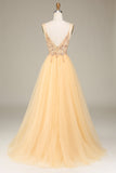 Sjarmerende A Line Spaghetti stropper Golden Long Prom Kjole med Beading
