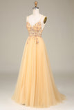 Sjarmerende A Line Spaghetti stropper Golden Long Prom Kjole med Beading