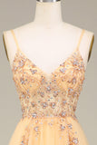 Sjarmerende A Line Spaghetti stropper Golden Long Prom Kjole med Beading