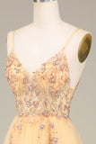 Sjarmerende A Line Spaghetti stropper Golden Long Prom Kjole med Beading