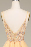 Sjarmerende A Line Spaghetti stropper Golden Long Prom Kjole med Beading