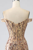 Sparkly Mermaid Off The Shoulder Golden Corset Prom Dress med Slit