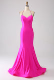 Fuchsia Mermaid Halter Neck Ryggløs Long Prom Dress