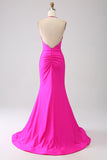 Fuchsia Mermaid Halter Neck Ryggløs Long Prom Dress
