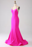 Fuchsia Mermaid Halter Neck Ryggløs Long Prom Dress