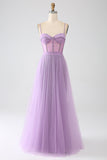 A-Line Lilac Spaghetti stropper Long Corset Prom Dress
