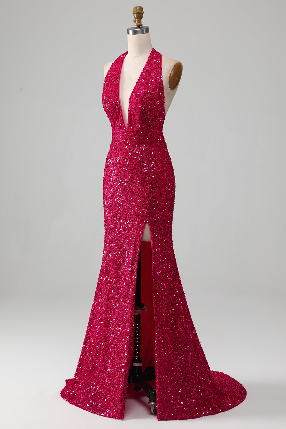 Fuchsia havfrue Halter paljett ballkjole med spalt