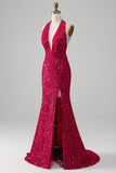 Fuchsia havfrue Halter paljett ballkjole med spalt
