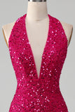 Fuchsia havfrue Halter paljett ballkjole med spalt