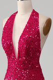 Fuchsia havfrue Halter paljett ballkjole med spalt