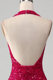 Fuchsia havfrue Halter paljett ballkjole med spalt
