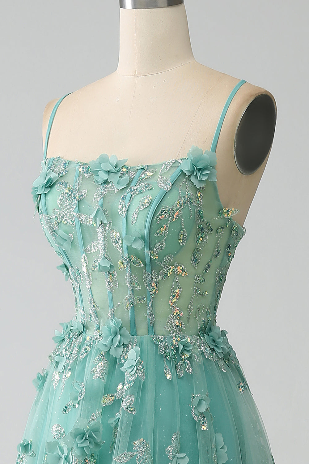 Grønn A-Line Spaghetti stropper Long Corset Prom Kjole med Appliques