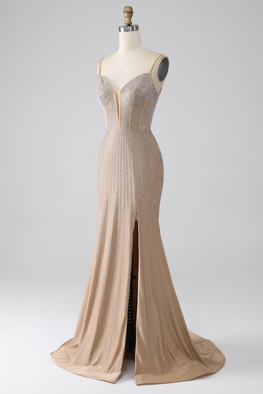 Sparkly Champagne Mermaid Spaghetti stropper Long Prom Kjole med Slit