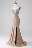 Sparkly Champagne Mermaid Spaghetti stropper Long Prom Kjole med Slit