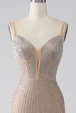 Sparkly Champagne Mermaid Spaghetti stropper Long Prom Kjole med Slit