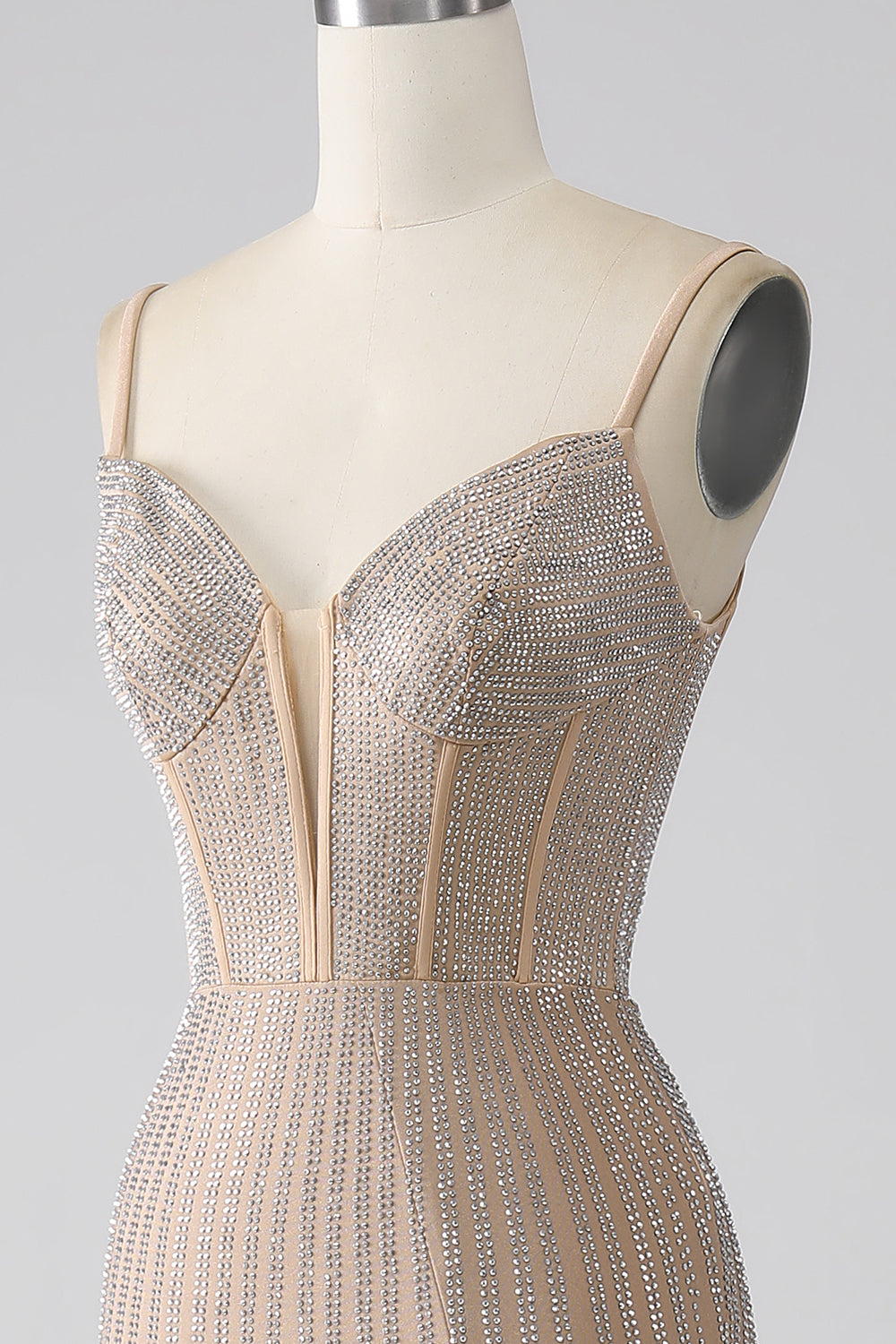 Sparkly Champagne Mermaid Spaghetti stropper Long Prom Kjole med Slit
