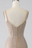 Sparkly Champagne Mermaid Spaghetti stropper Long Prom Kjole med Slit