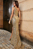 En skulder gylden frynser paljett glitter prom kjole med spalt