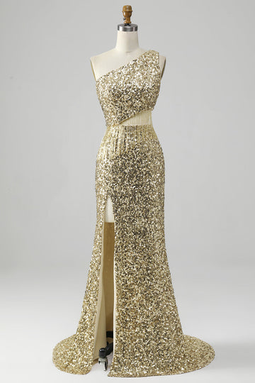 Golden One Shoulder Fringe Sequin Prom kjole med spalt
