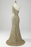Golden One Shoulder Fringe Sequin Prom kjole med spalt