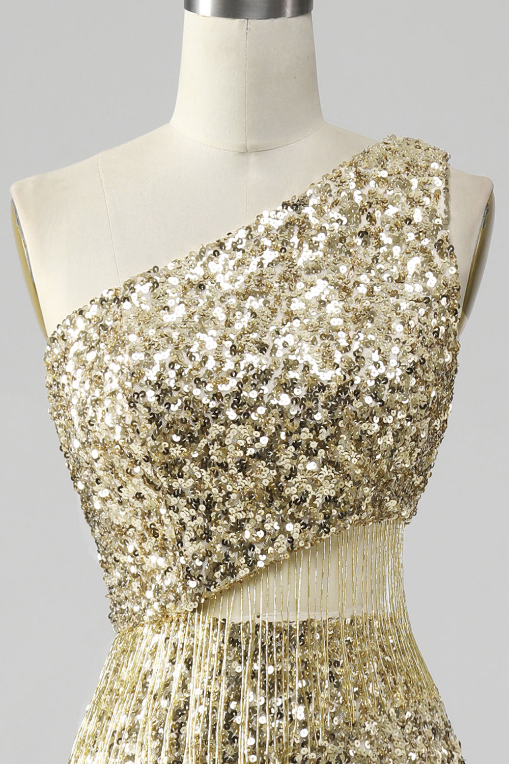 Golden One Shoulder Fringe Sequin Prom kjole med spalt