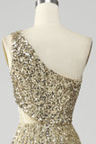 Golden One Shoulder Fringe Sequin Prom kjole med spalt